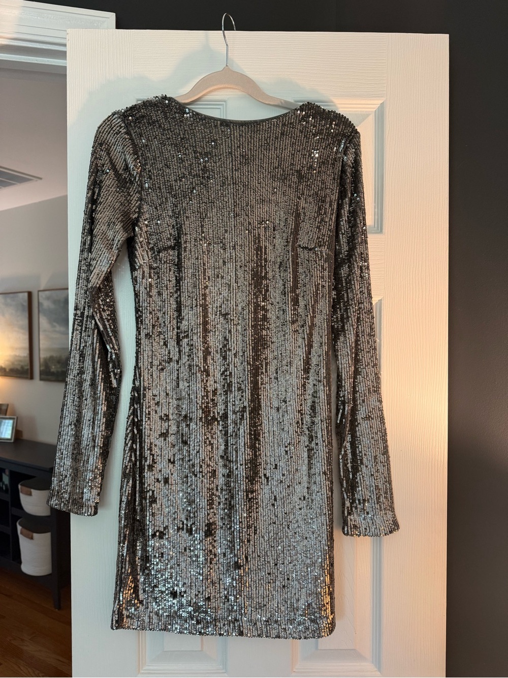 Express Silver Sequin Long-Sleeve Sheath Dress